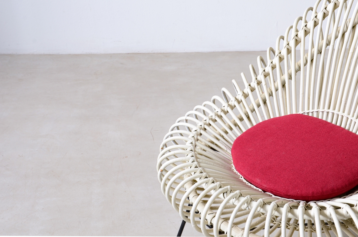 Janine Abraham & Dirk Jan Rol, pair of armchairs in lacquered rattan with metal supports. Prod. Edition Rougier, Holland, 1950ca.
