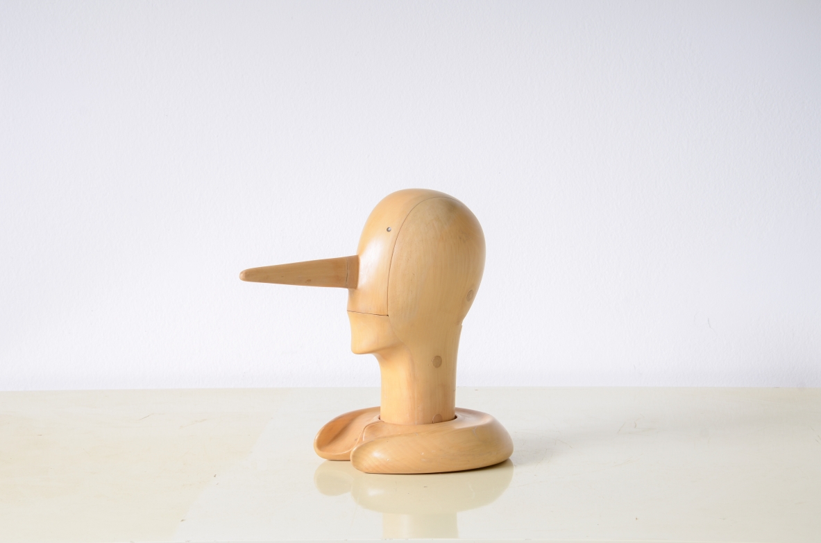 Alfonso Bini  Pinocchio head in maple wood carved and sculpted, probably designed to be used as a nutcracker. Italian manufacture ca.1970s.