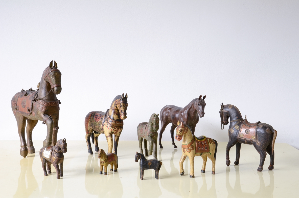 Collection of nine horses made of different materials Indian manufacture, 20th century.
