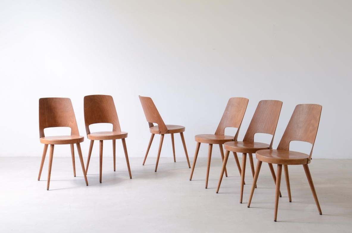 6 chairs with wooden seat, Baumann Manufacture, Germany, ca. 1950.