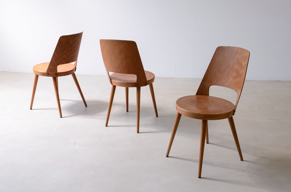 6 chairs with wooden seat, Baumann Manufacture, Germany, ca. 1950.