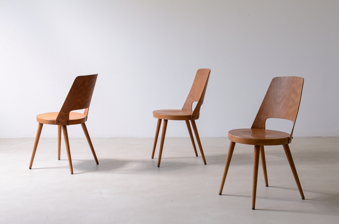 6 chairs with wooden seat, Baumann Manufacture, Germany, ca. 1950.