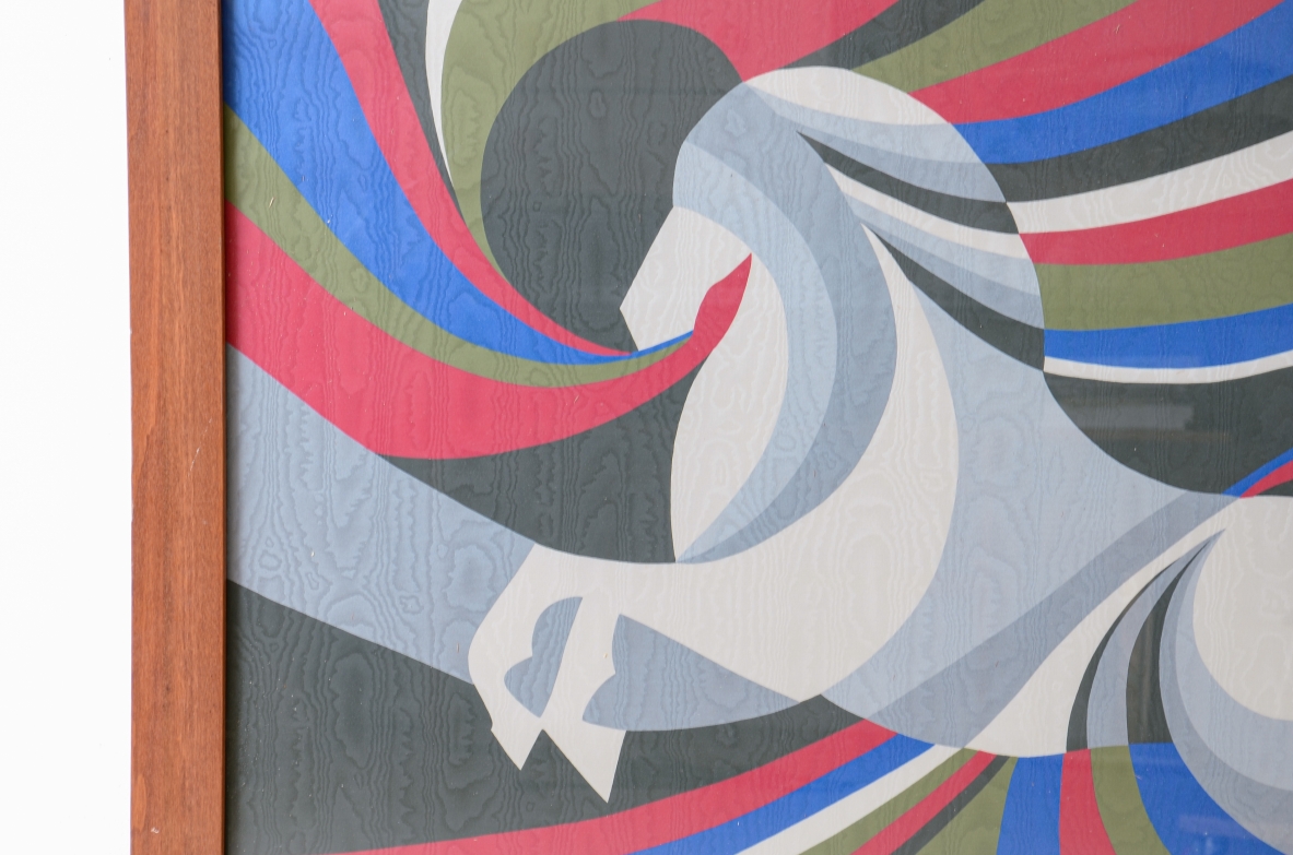 Large silkscreen on silk fabric inside a shaped wooden frame. 1960's