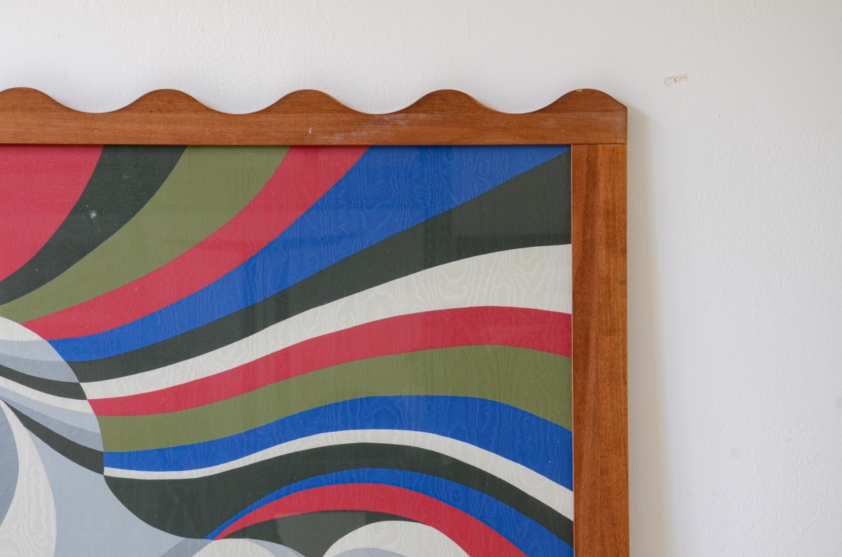 Large silkscreen on silk fabric inside a shaped wooden frame. 1960's