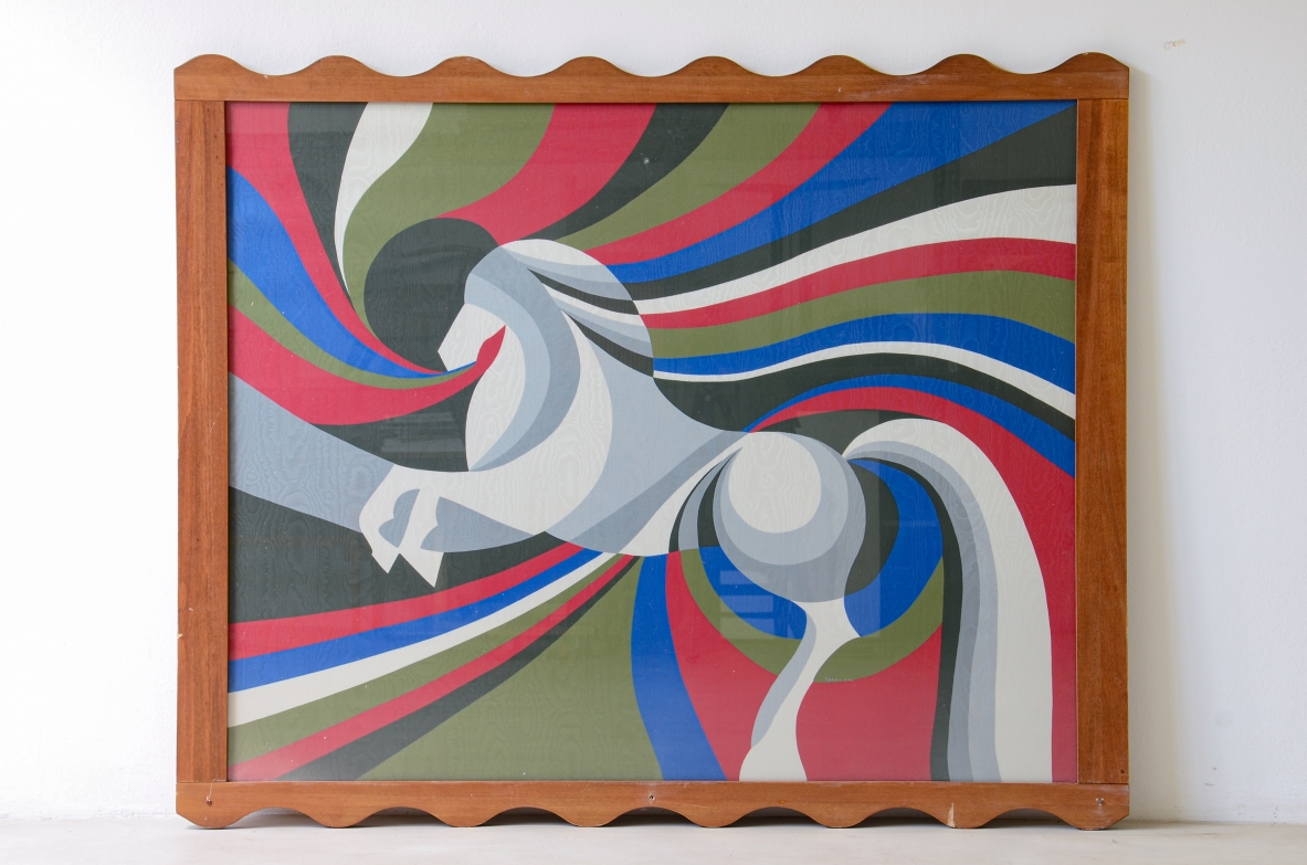 Large silkscreen on silk fabric inside a shaped wooden frame. 1960's