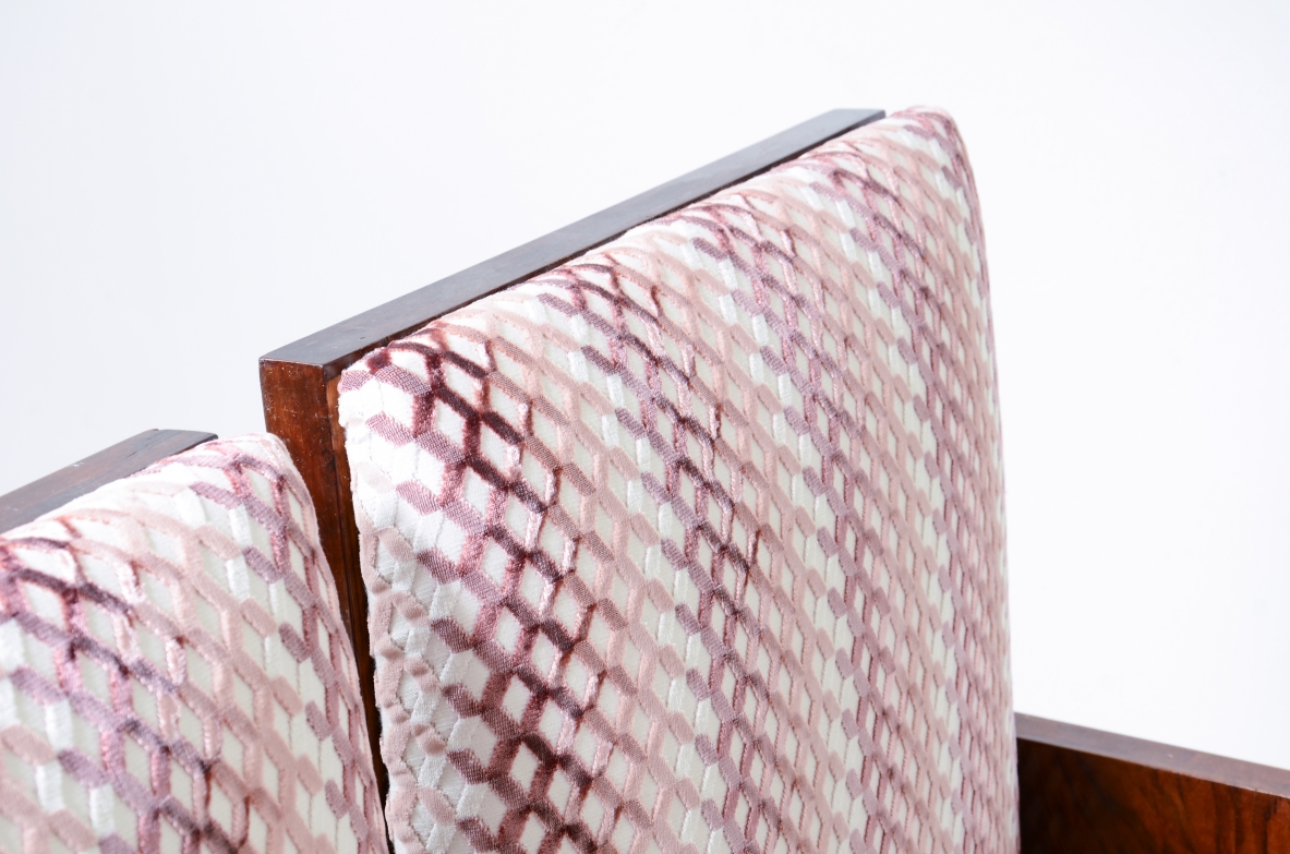 Pair of tub chairs in wood and wood root in padded fabric.  Italian manufacture ca.1930.