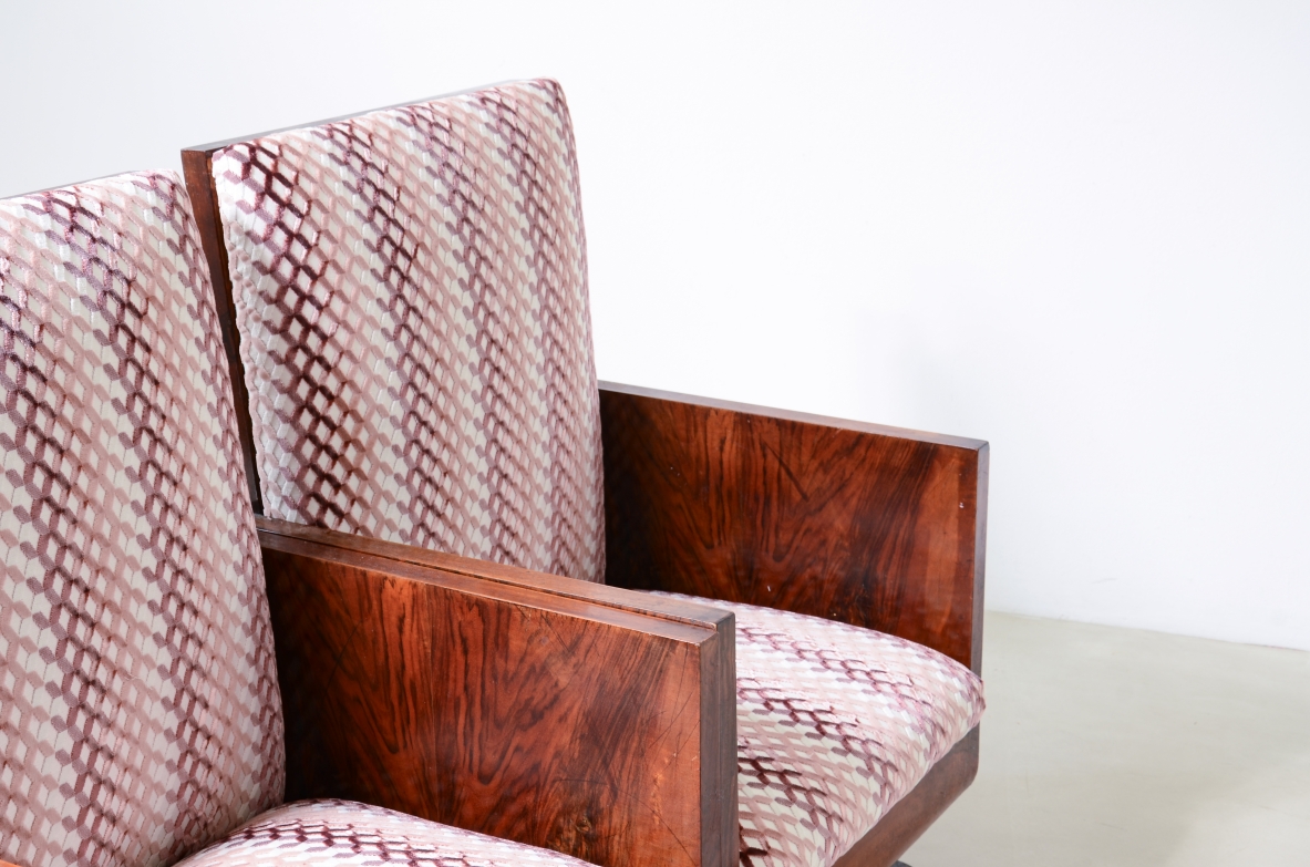 Pair of tub chairs in wood and wood root in padded fabric.  Italian manufacture ca.1930.