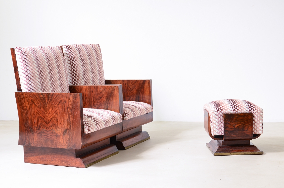 Pair of tub chairs in wood and wood root in padded fabric.  Italian manufacture ca.1930.