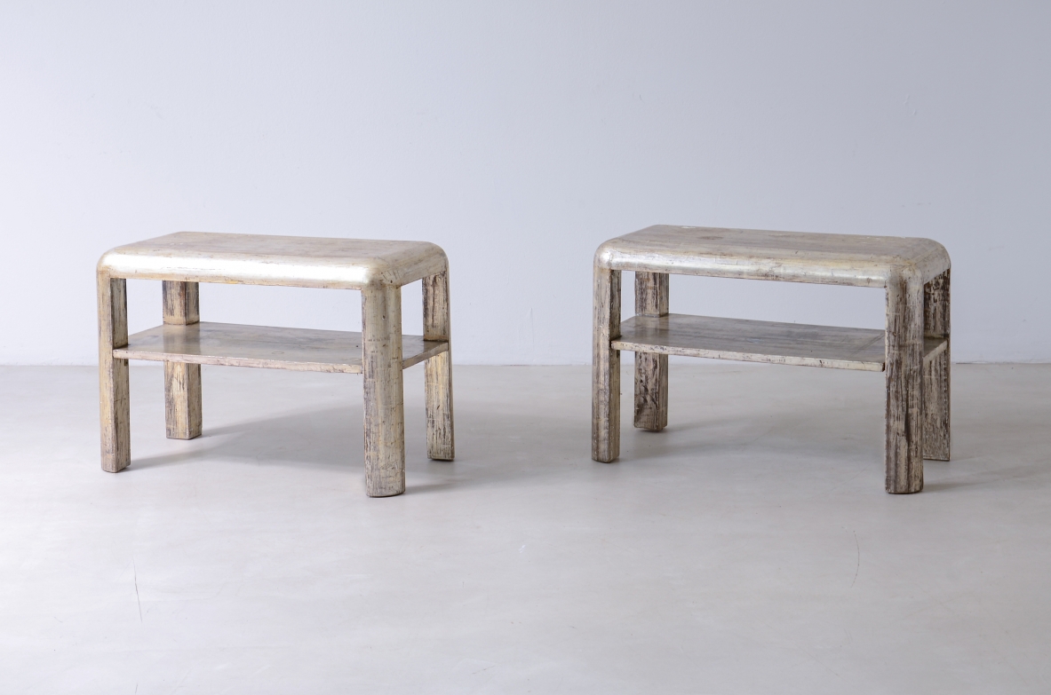 Pair of silver-plated wood tables with silver leaf and mecca.Art Deco period, ca. 1930.