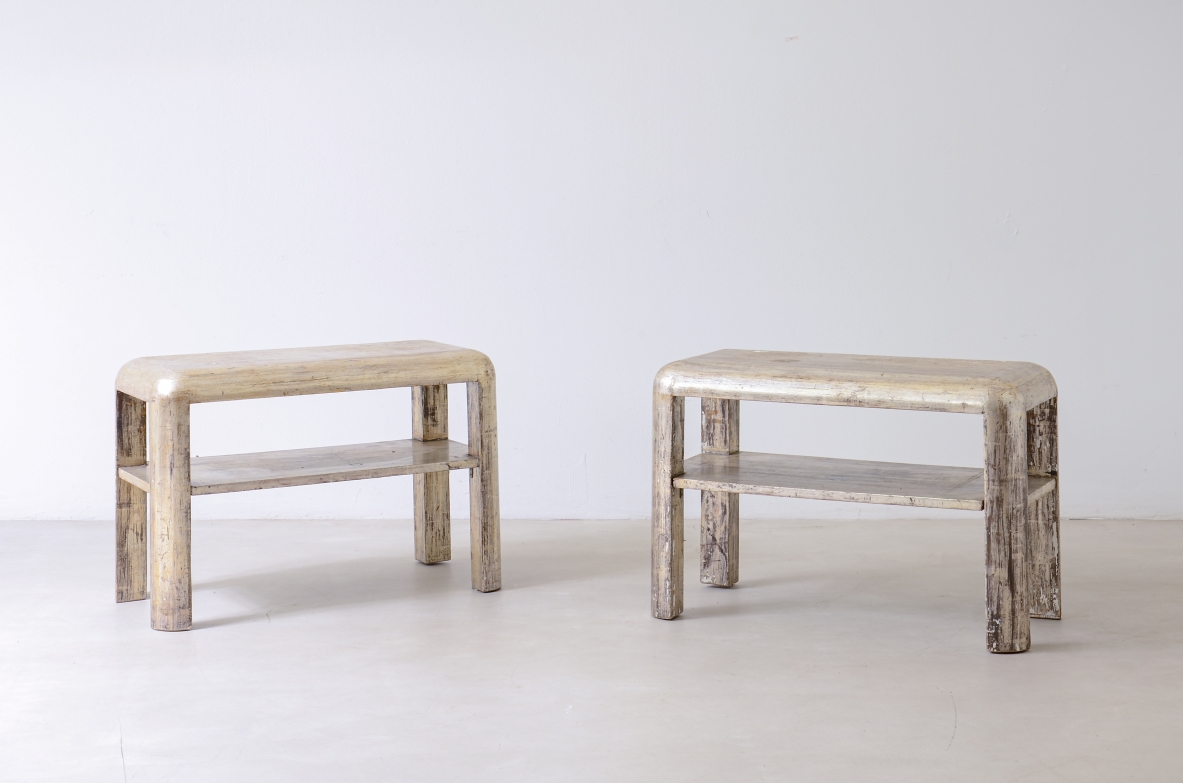 Pair of silver-plated wood tables with silver leaf and mecca.Art Deco period, ca. 1930.