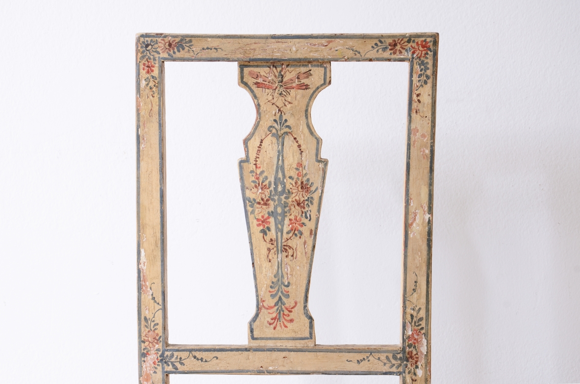 Rare pair of painted and lacquered wooden chairs.  Italian manufacture, Genoa, ca. 1790.