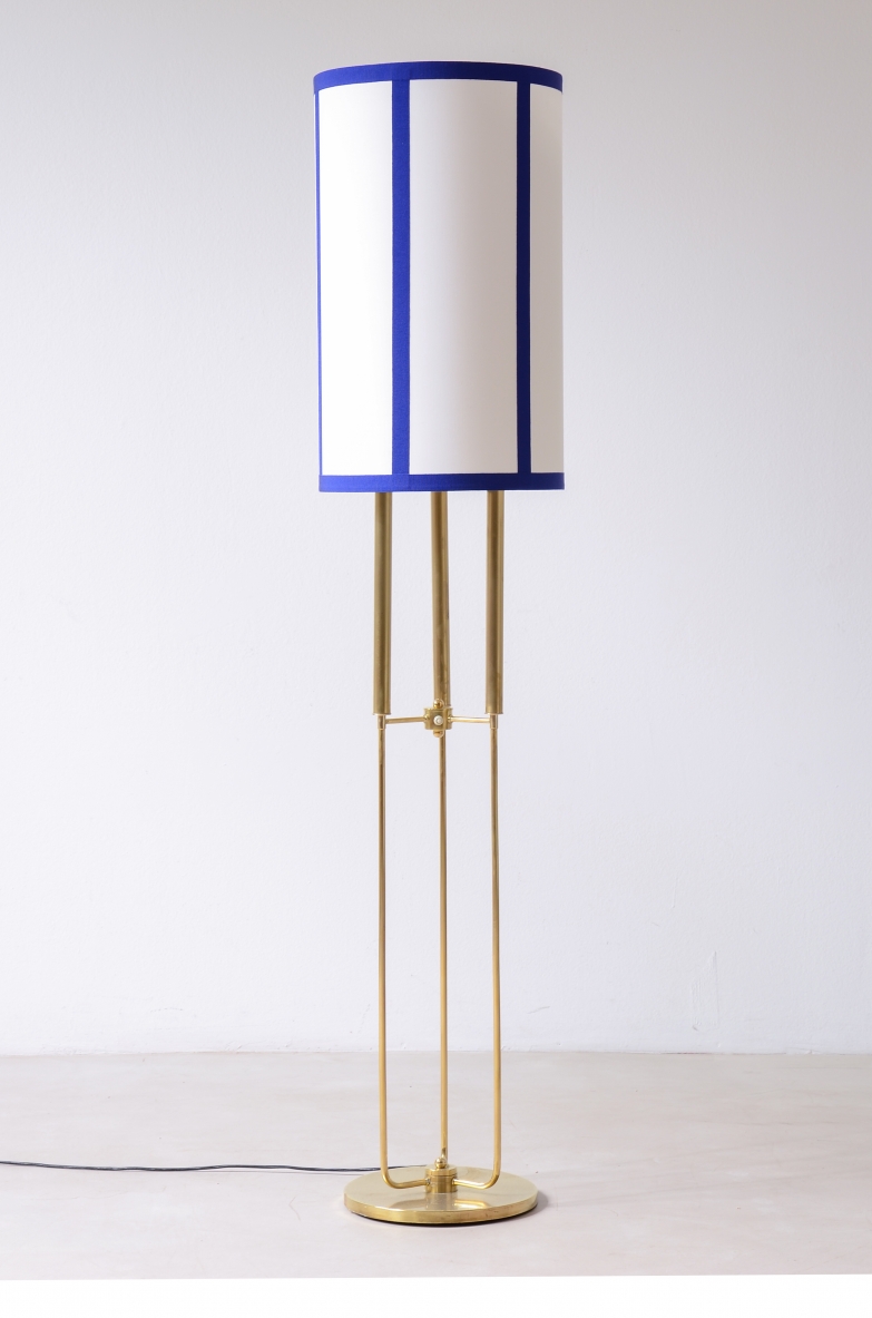 Brass floor lamp with large fabric shade.  Italian manufacture, circa 1940.