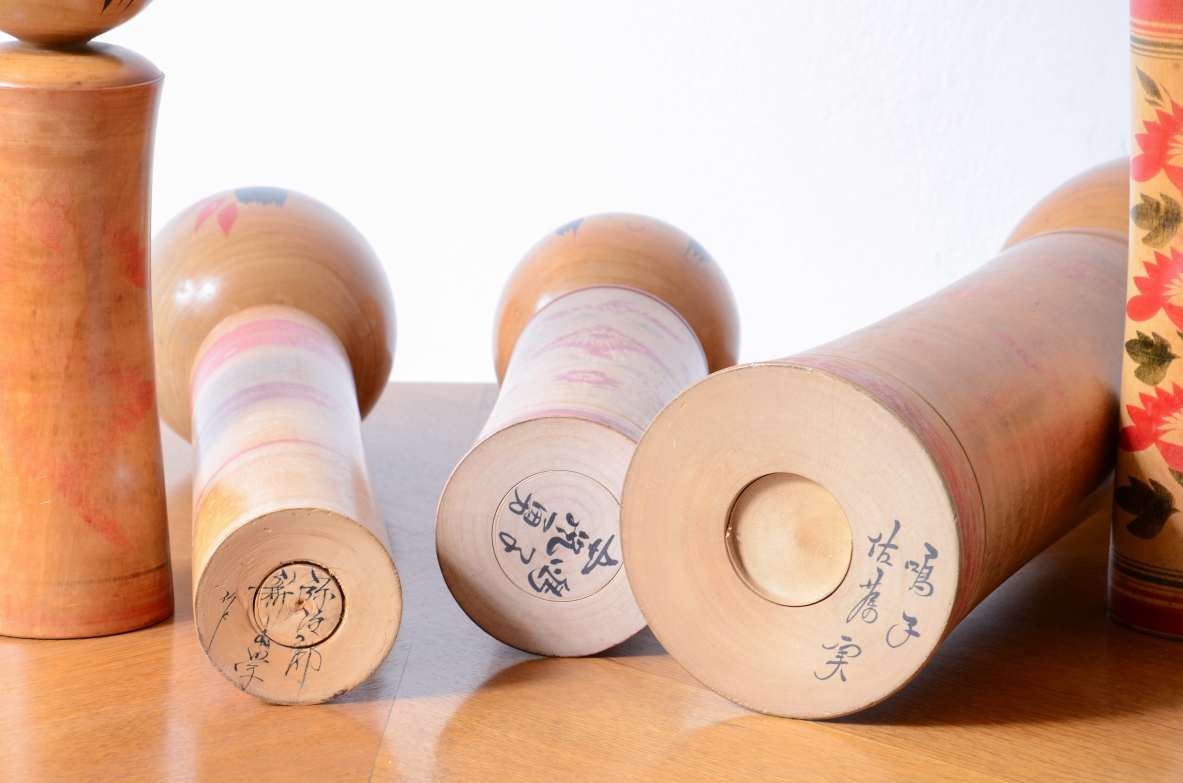 set of six large turned and painted wood sculptures, Japan, ca. 1920.