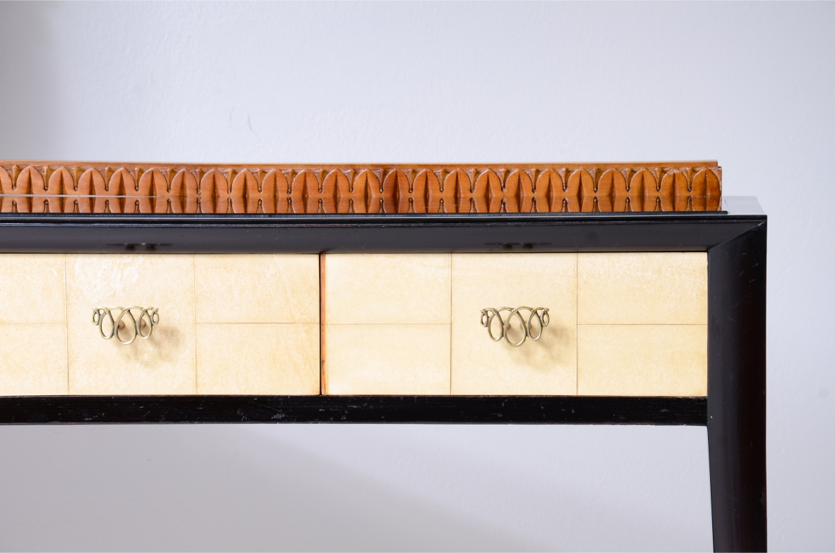 ABV Borsani Varedo  Elegant stained oak console table with carved wood motif