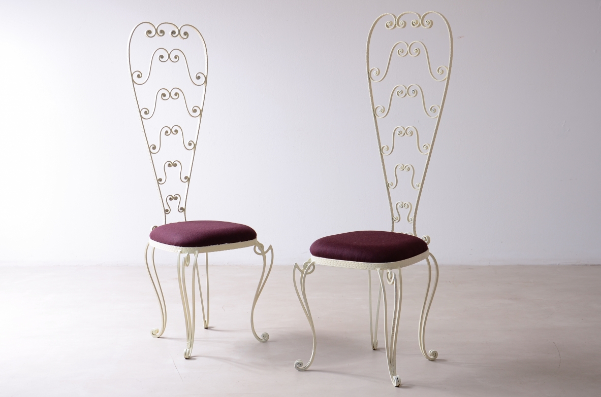 Pierluigi Colli Due sedie in ferro battuto con schienale alto decorato a riccioli, Torino 1950 