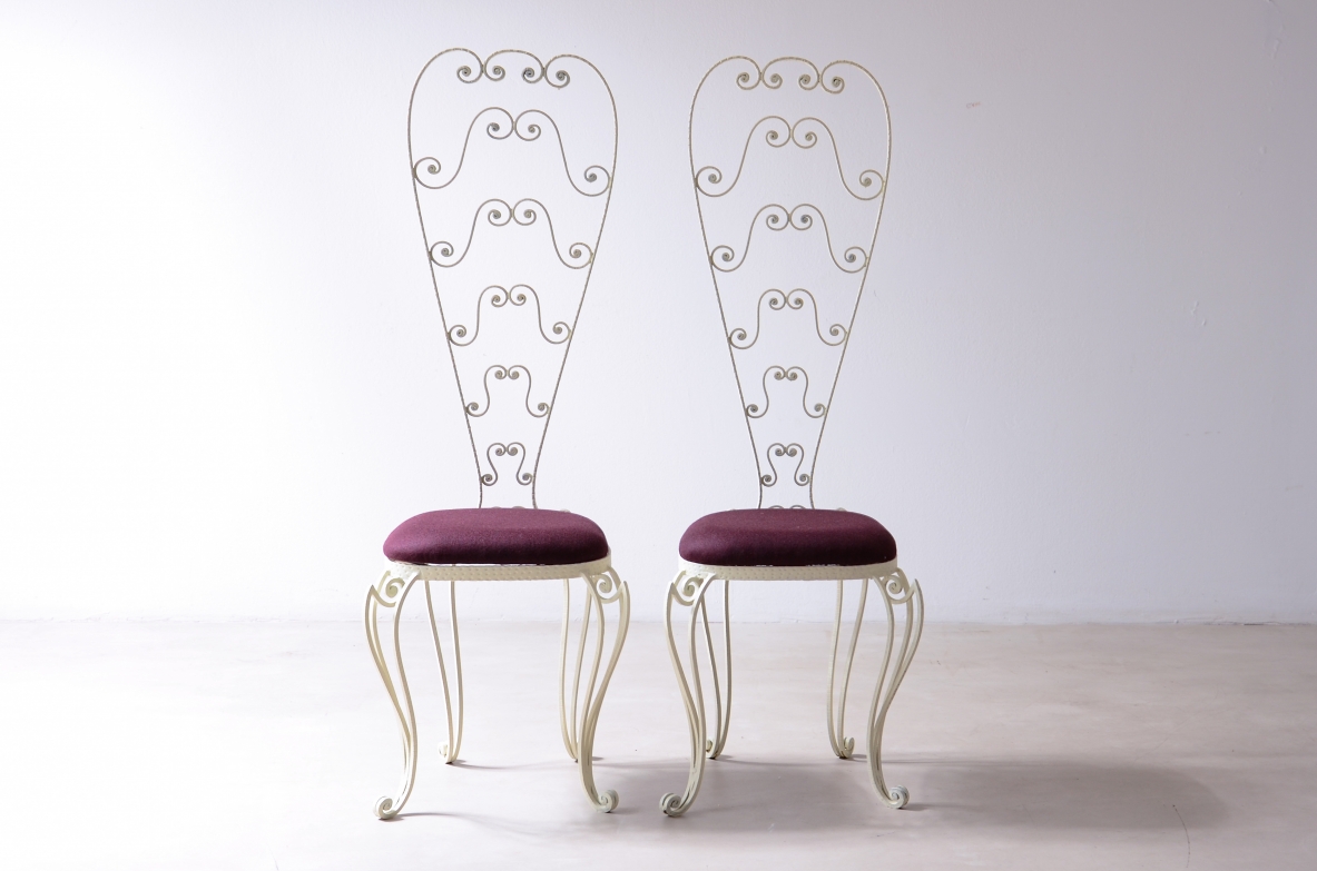 Pierluigi Colli Due sedie in ferro battuto con schienale alto decorato a riccioli, Torino 1950 
