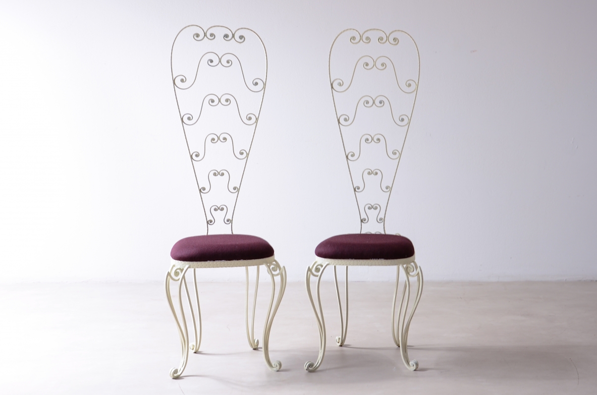 Pierluigi Colli Due sedie in ferro battuto con schienale alto decorato a riccioli, Torino 1950 