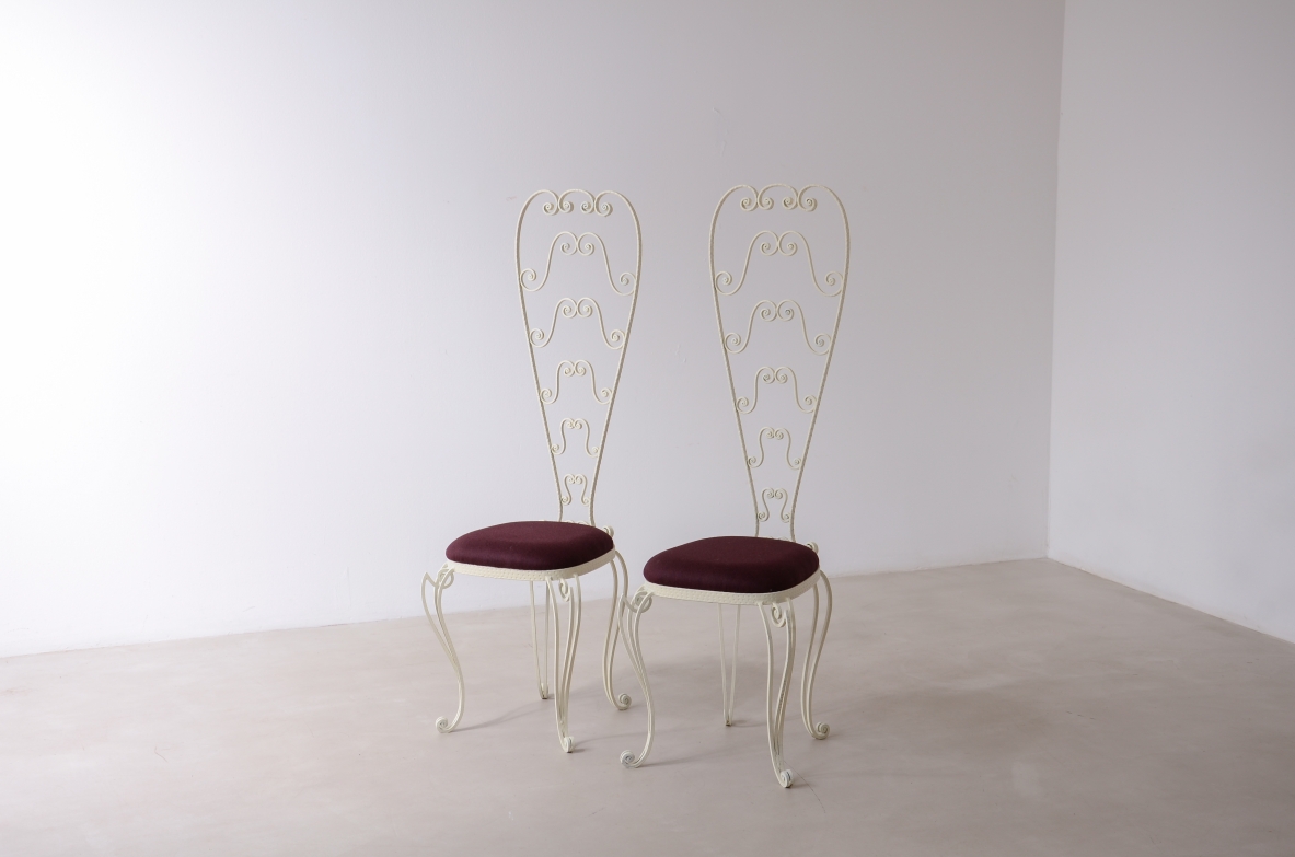 Pierluigi Colli Due sedie in ferro battuto con schienale alto decorato a riccioli, Torino 1950 