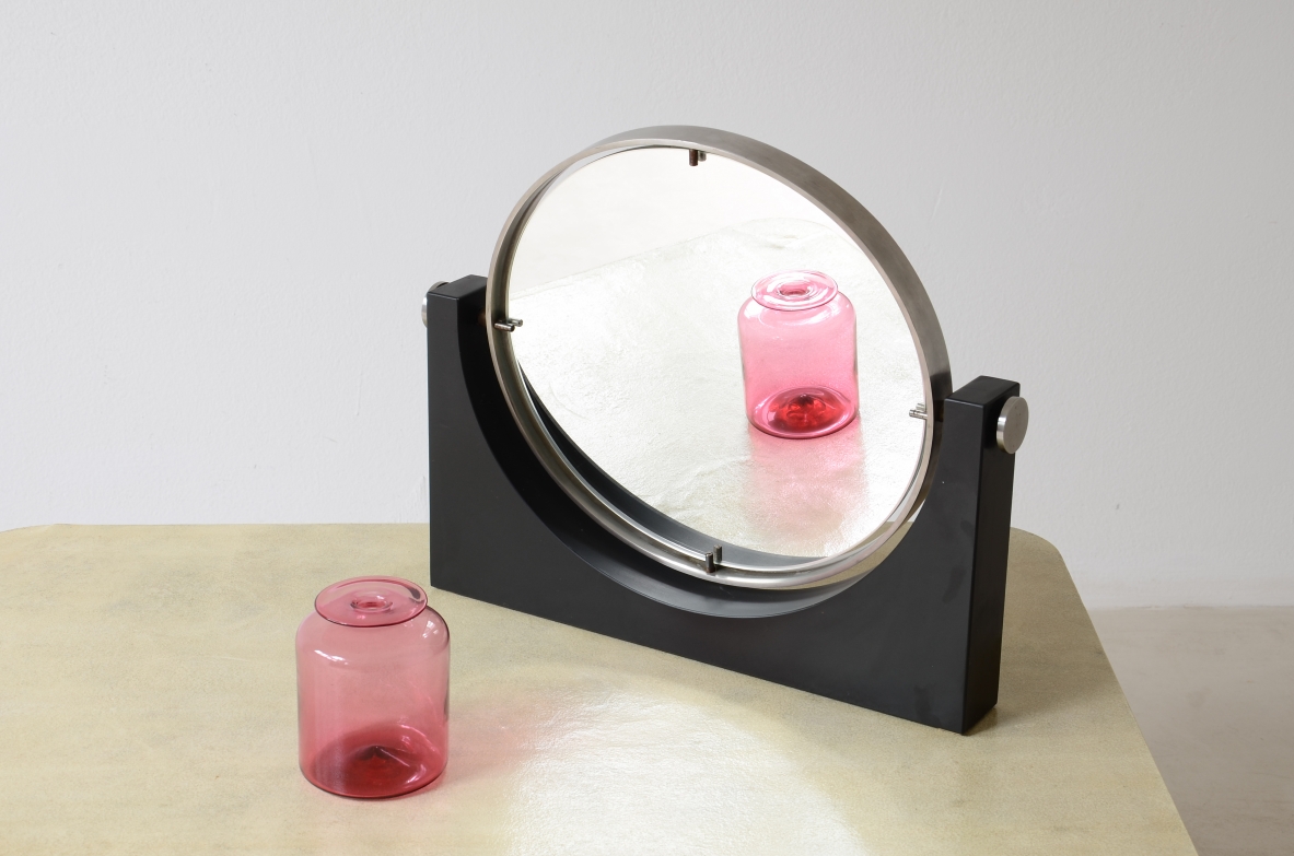 Angelo Mangiarotti, Table mirror in slate and steel with mirror on both sides. 1975