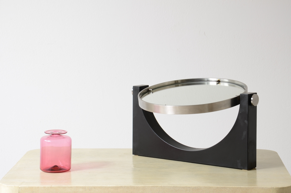 Angelo Mangiarotti, Table mirror in slate and steel with mirror on both sides. 1975