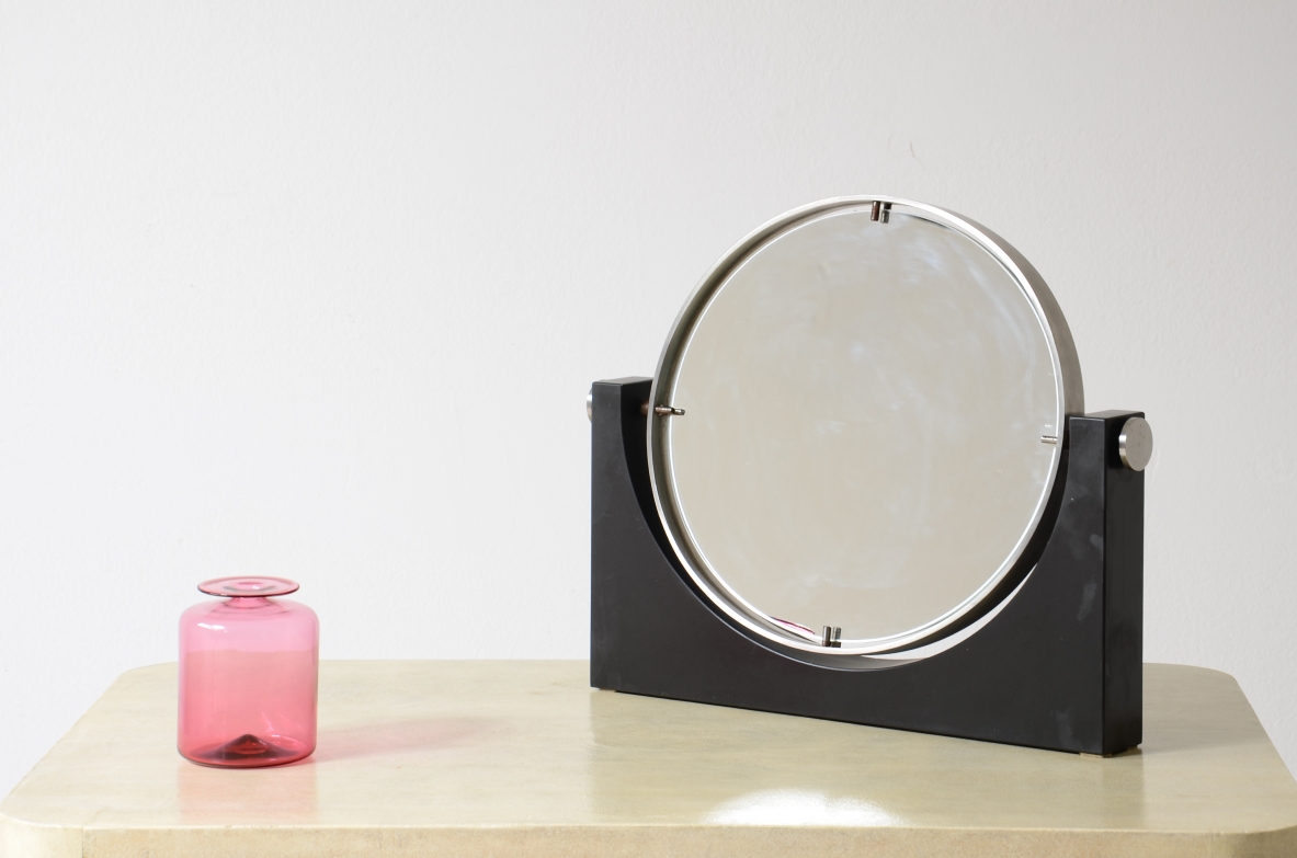 Angelo Mangiarotti, Table mirror in slate and steel with mirror on both sides. 1975