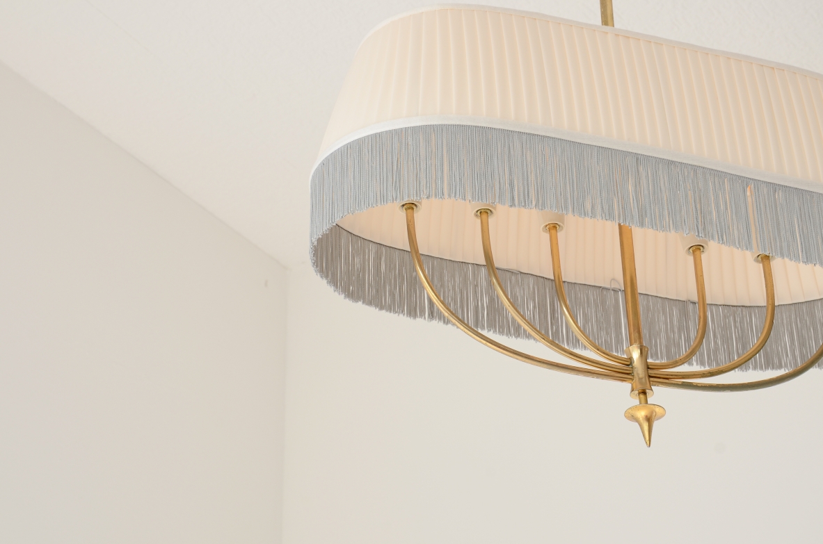 Guglielmo Ulrich Brass pendant chandelier with a drum-shaped pleated fabric shade