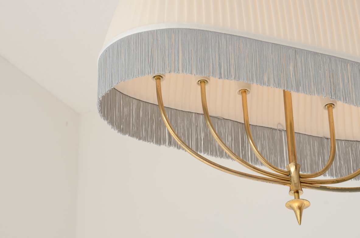 Guglielmo Ulrich Brass pendant chandelier with a drum-shaped pleated fabric shade