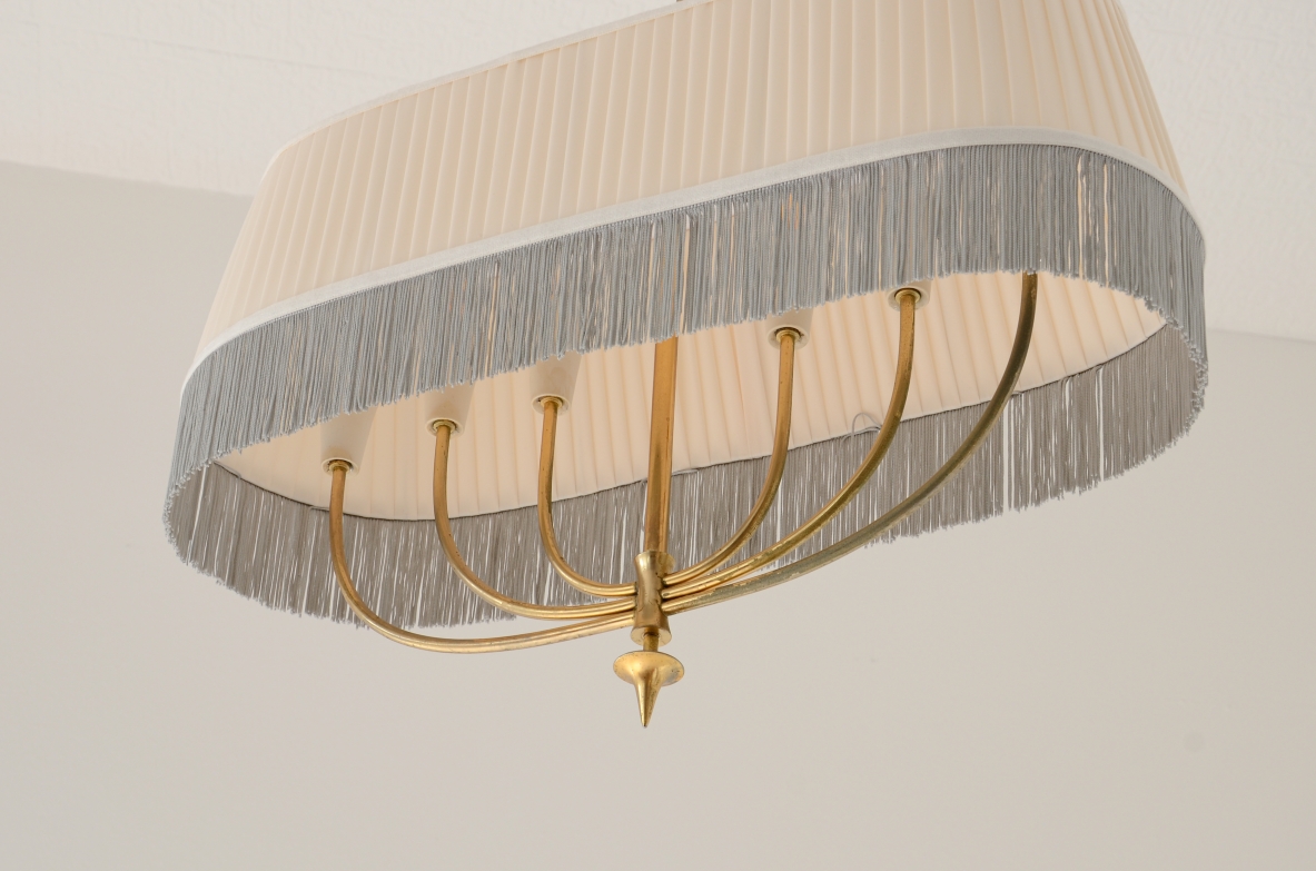 Guglielmo Ulrich Brass pendant chandelier with a drum-shaped pleated fabric shade