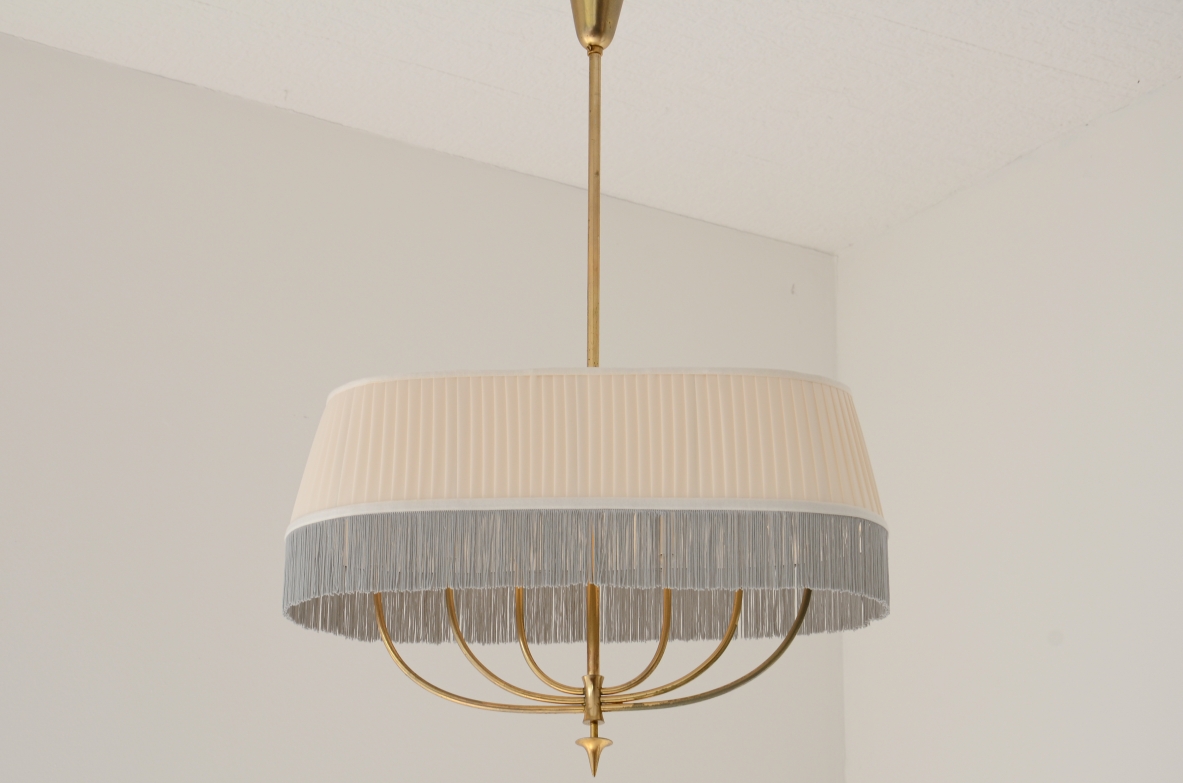 Guglielmo Ulrich Brass pendant chandelier with a drum-shaped pleated fabric shade