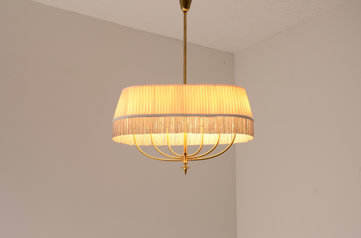 Guglielmo Ulrich Brass pendant chandelier with a drum-shaped pleated fabric shade