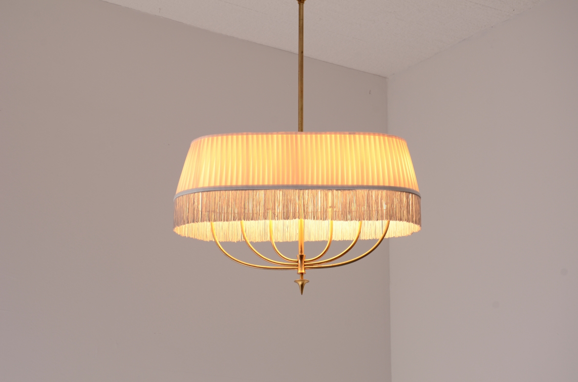 Guglielmo Ulrich Brass pendant chandelier with a drum-shaped pleated fabric shade