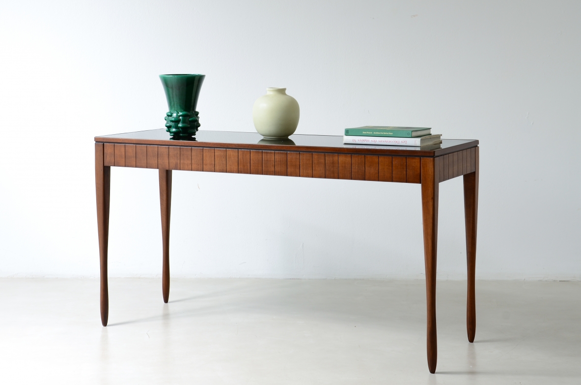 Paolo Buffa, Center console table, turned legs. Opaline glass top.  Italian manufacture, ca. 1955.