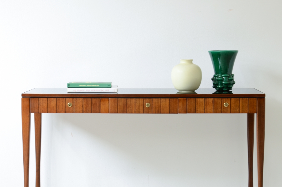 Paolo Buffa, Center console table, turned legs. Opaline glass top.  Italian manufacture, ca. 1955.