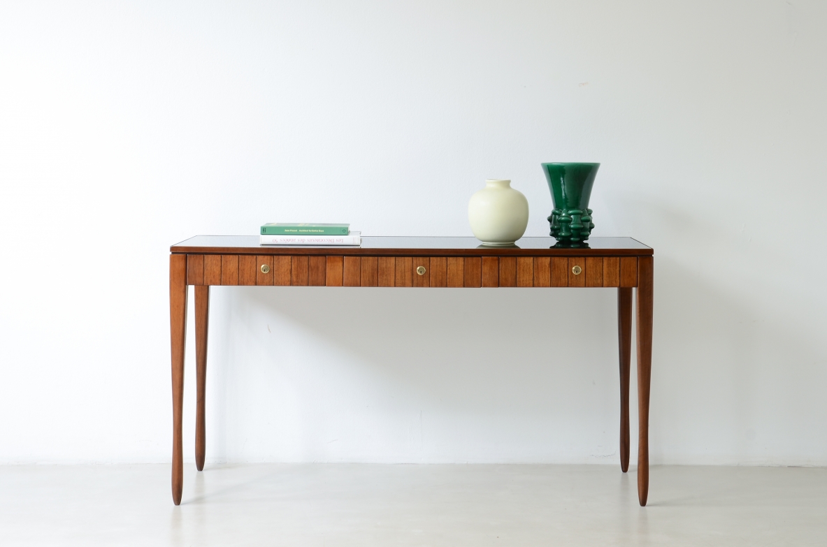 Paolo Buffa, Center console table, turned legs. Opaline glass top.  Italian manufacture, ca. 1955.