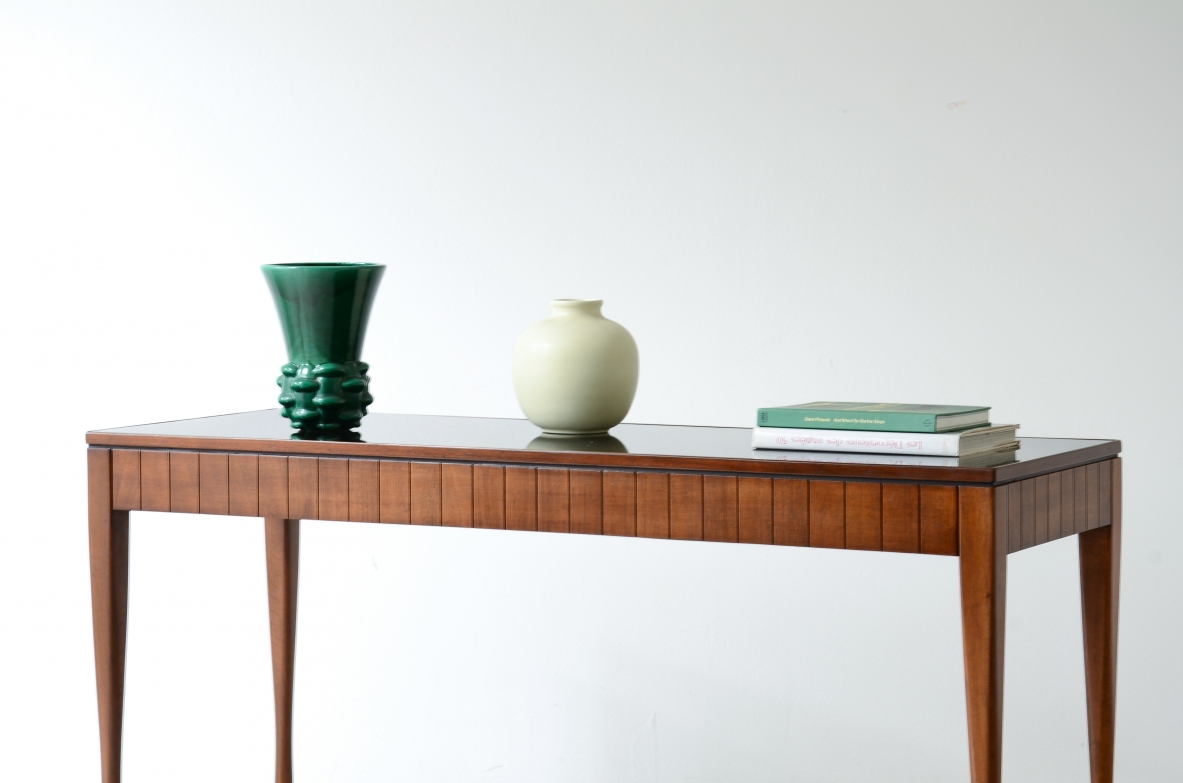 Paolo Buffa, Center console table, turned legs. Opaline glass top.  Italian manufacture, ca. 1955.