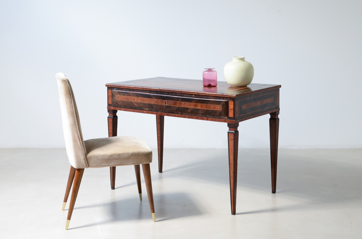 Elegant console table veneered in fine woods.  Italy, ca. 1780.