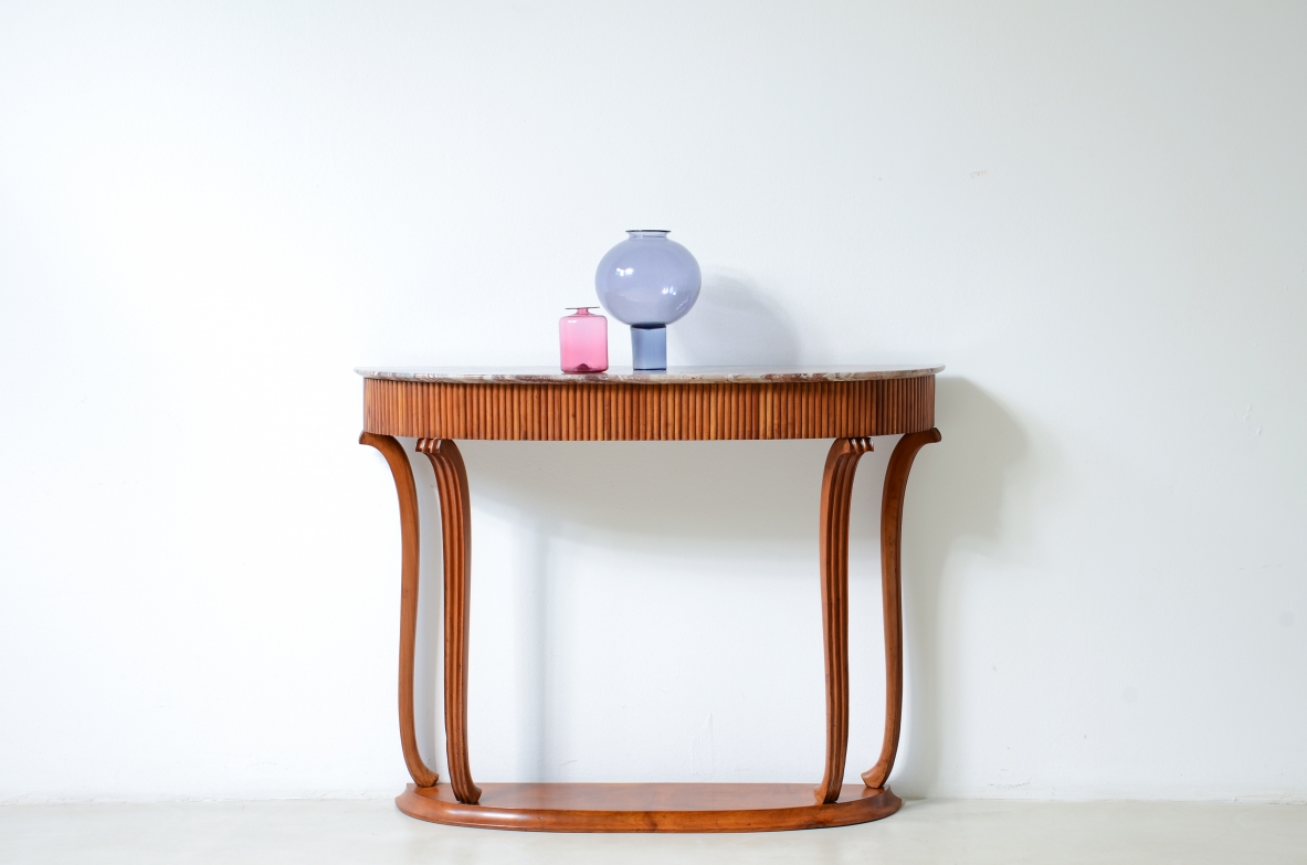 Elegant console table with a reeded wood band. Attr: Paolo Buffa, Italian manufacture, ca. 1940.