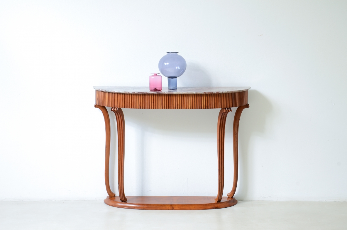 Elegant console table with a reeded wood band. Attr: Paolo Buffa, Italian manufacture, ca. 1940.