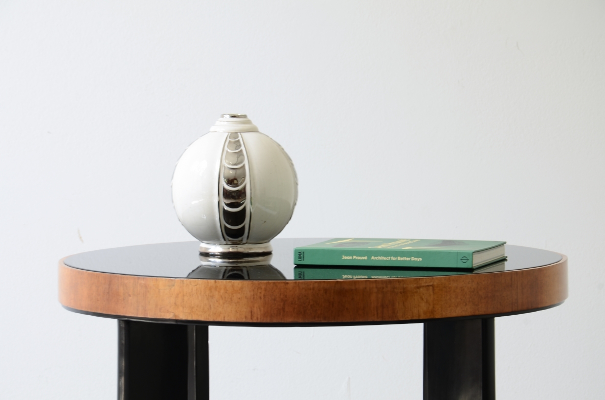 Coffee table with a tambour top, a striped walnut band, Italian manufacture, circa 1930.