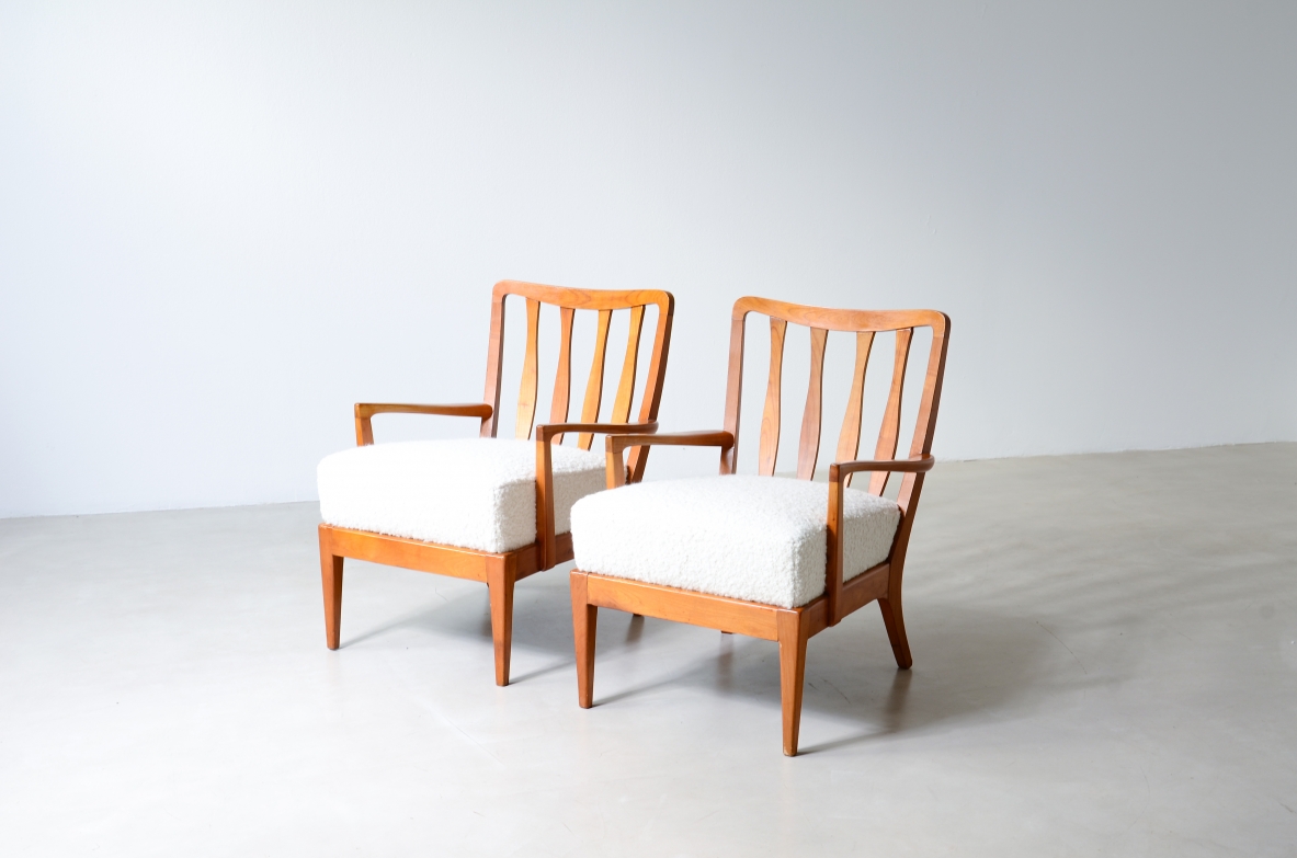 small armchairs in shaped cherry wood, Attributed to Paolo Buffa, circa 1940–50.