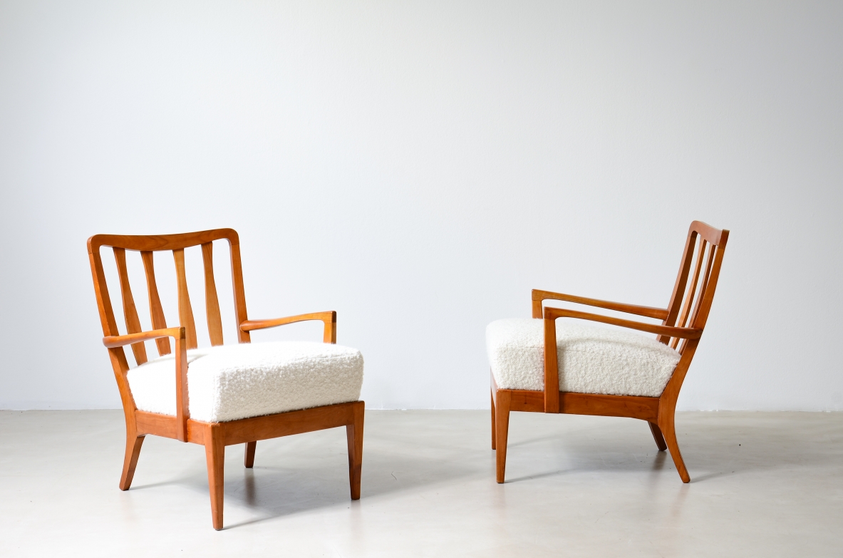 small armchairs in shaped cherry wood, Attributed to Paolo Buffa, circa 1940–50.