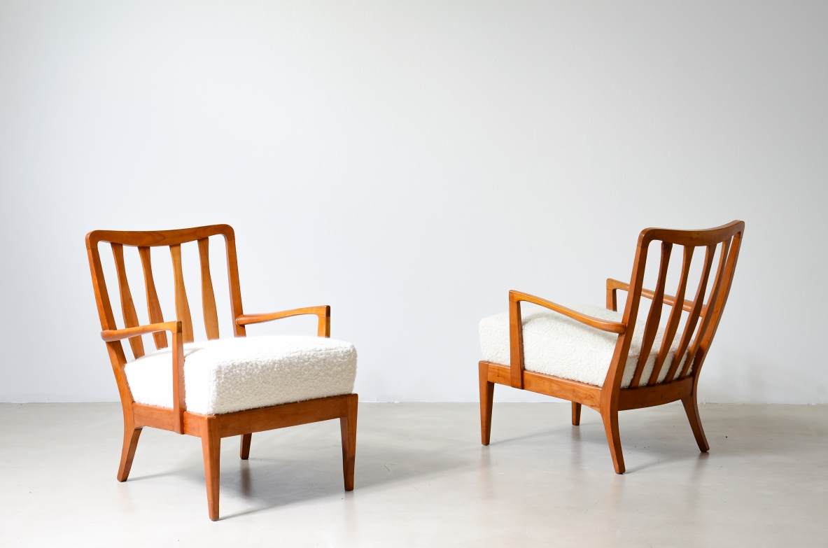 small armchairs in shaped cherry wood, Attributed to Paolo Buffa, circa 1940–50.