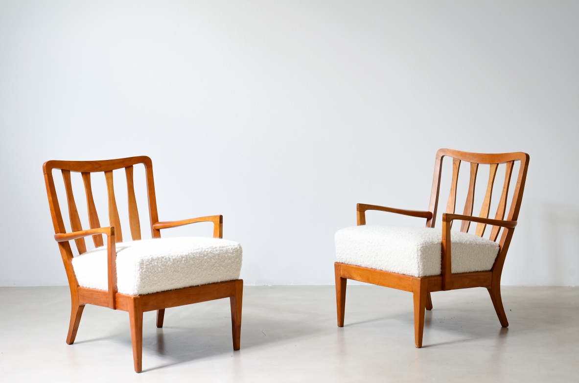 small armchairs in shaped cherry wood, Attributed to Paolo Buffa, circa 1940–50.