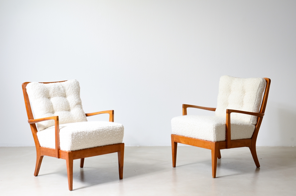 small armchairs in shaped cherry wood, Attributed to Paolo Buffa, circa 1940–50.