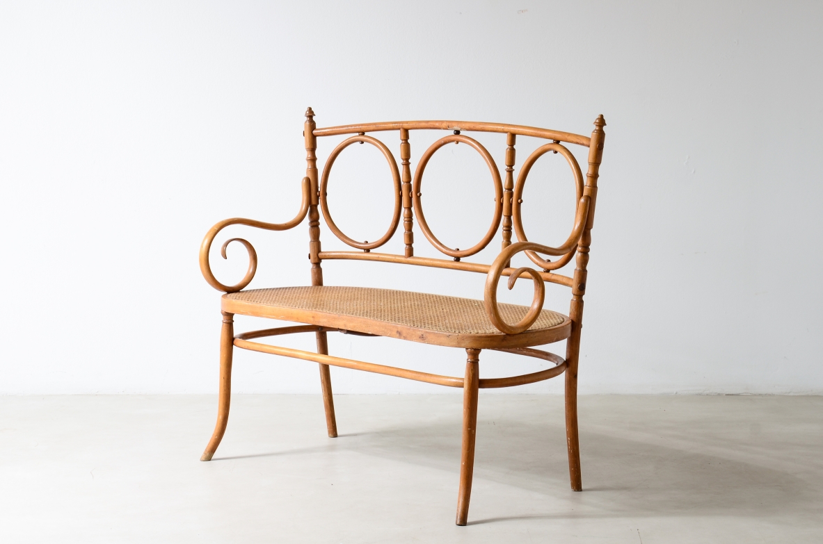Thonet sofa in bent wood with straw seat, Vienna 1880's.