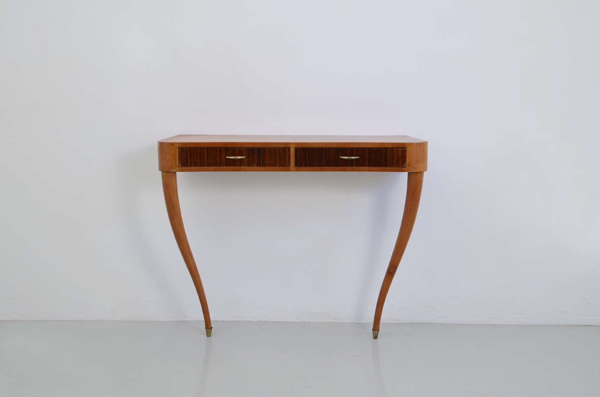 Italian 1950's console table in cherry wood with two drawers in macassar wood.