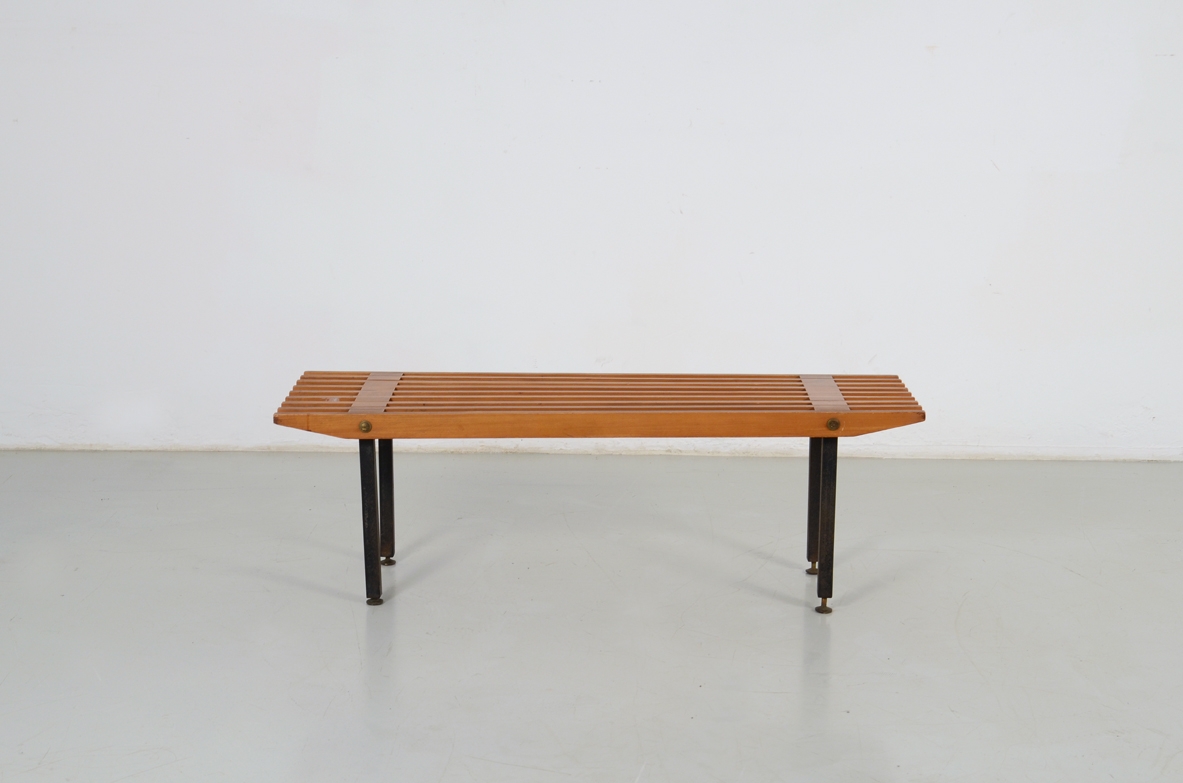 Bench in maple wood with lacquered metal supports, Italy'1960ca.