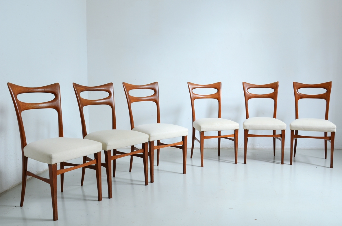 Elegant group of six cherry wood chairs with upholstered seat