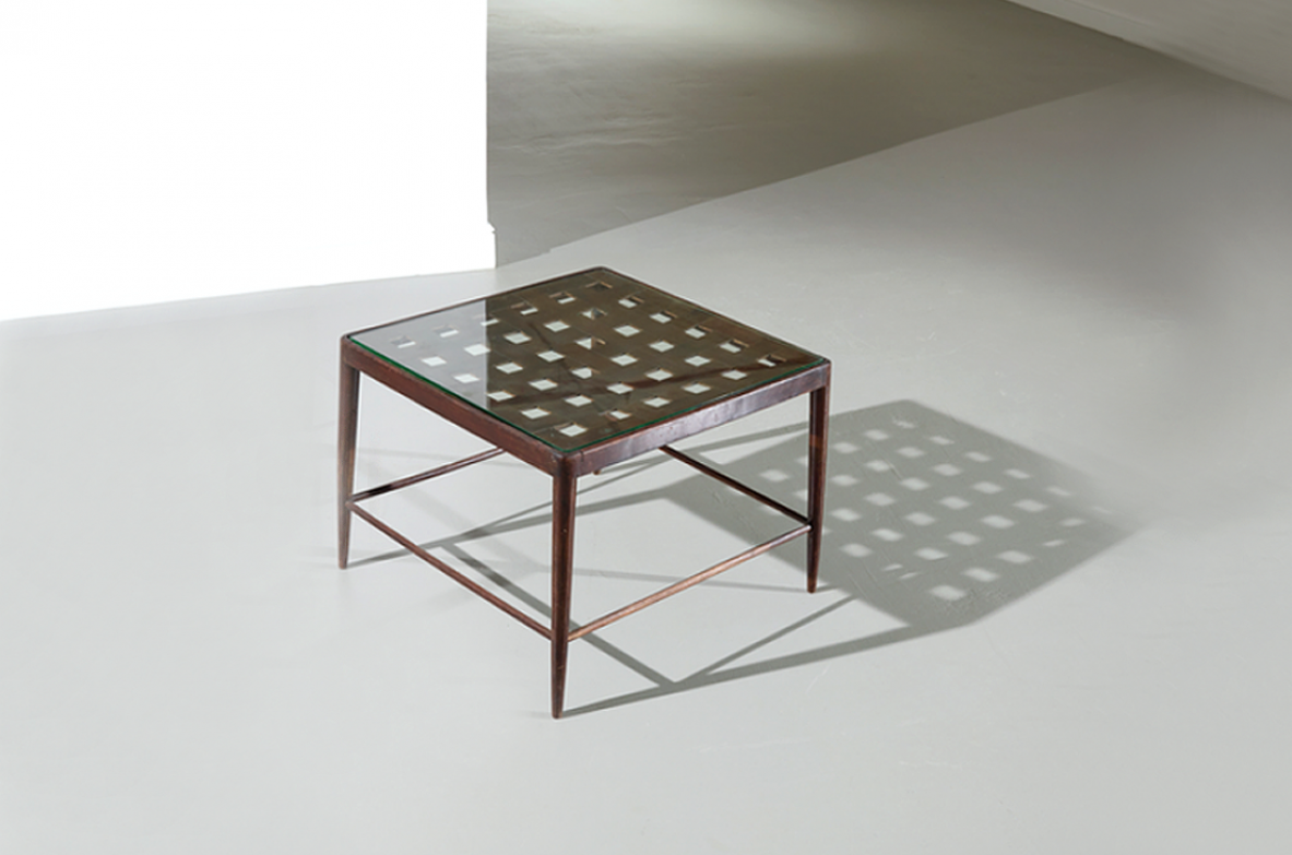 Italian 1950's Coffee table in mahogany and crystal. By Paolo Buffa.