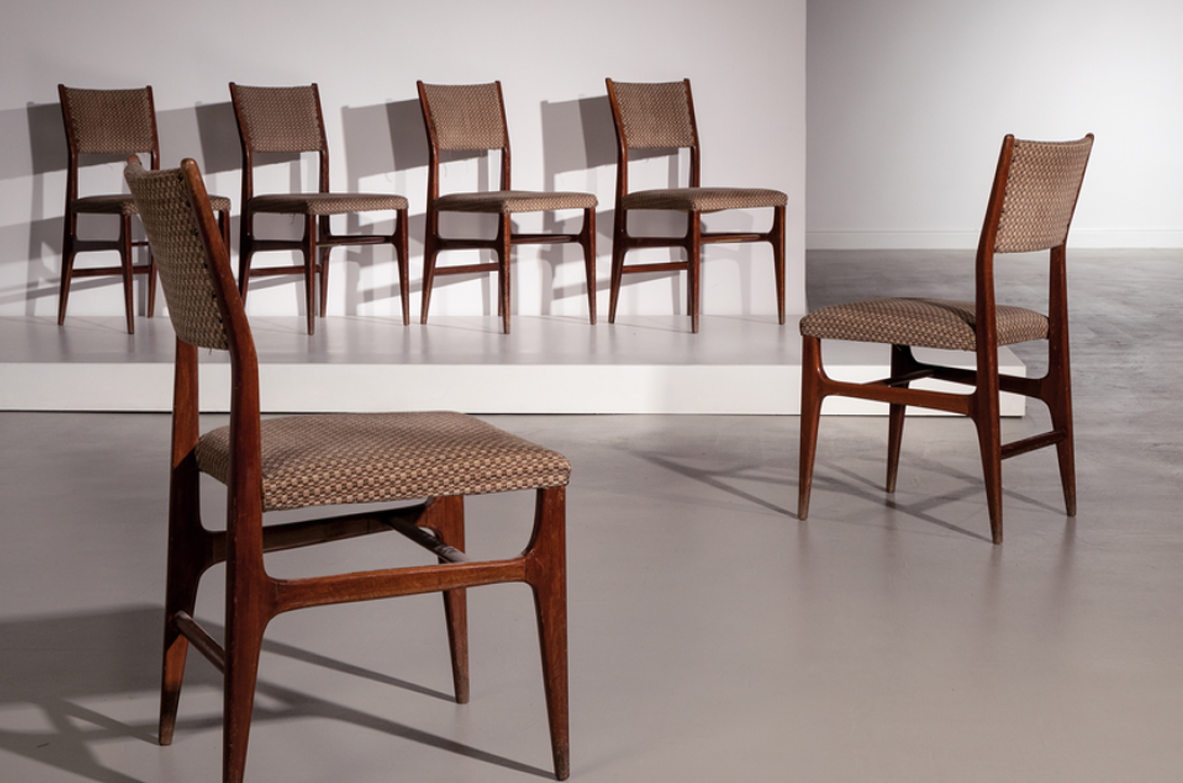 Gio Ponti, 4 chairs model 111 in stained wood and upholstered fabric